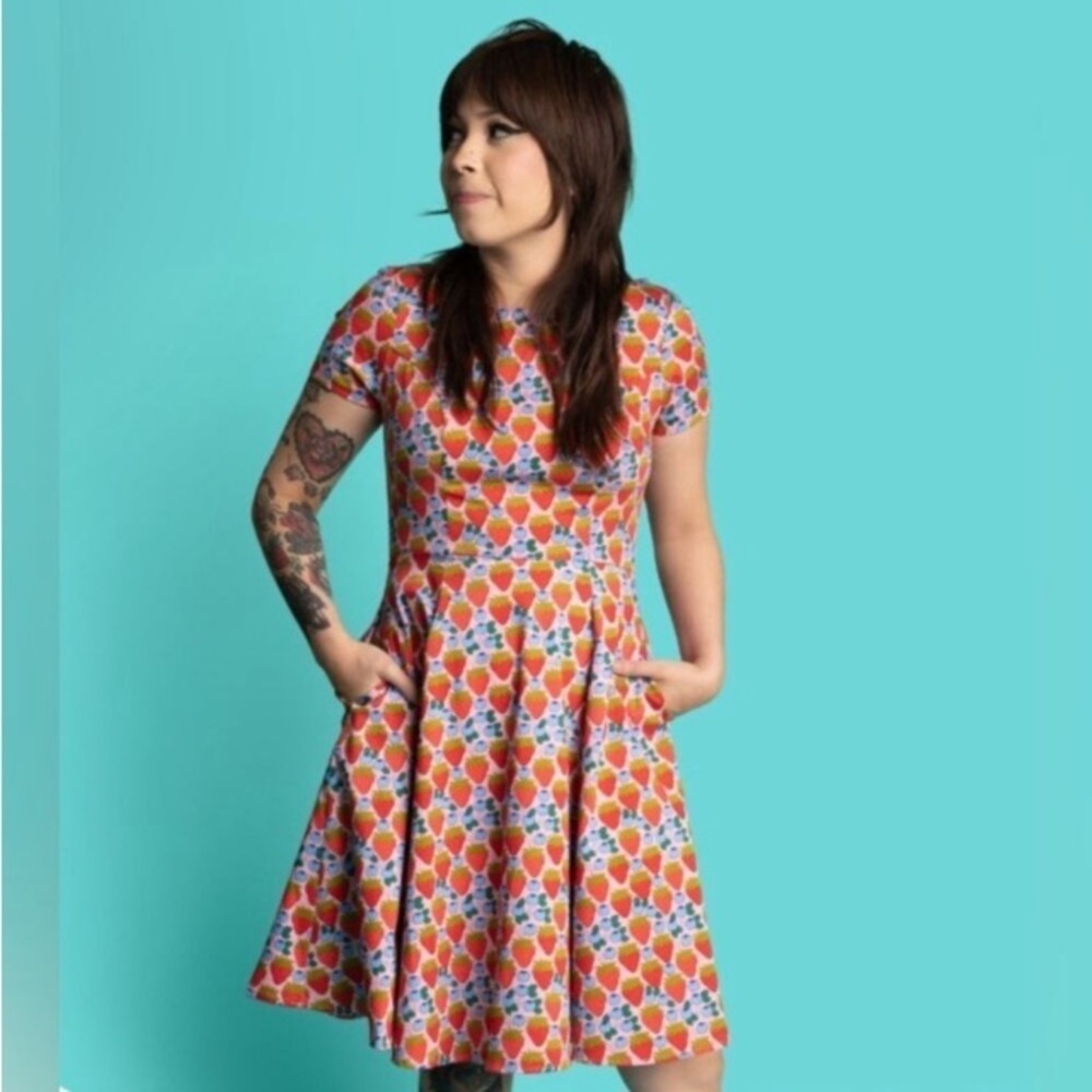 Retro Style Circle Skirt Dress Strawberry Blueberry Print Size 1X Pin Up Vintage